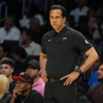 Heat head coach Erik Spoelstra watches his team against the Milwaukee Bucks during the second half at Kaseya Center