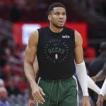 Bucks forward Giannis Antetokounmpo warms up before the game against the Rockets at Toyota Center.