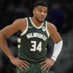 Bucks forward Giannis Antetokounmpo looks on during the second quarter against the Rockets at Fiserv Forum