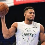 Bucks forward Giannis Antetokounmpo warms up before game against the Pacers at Fiserv Forum