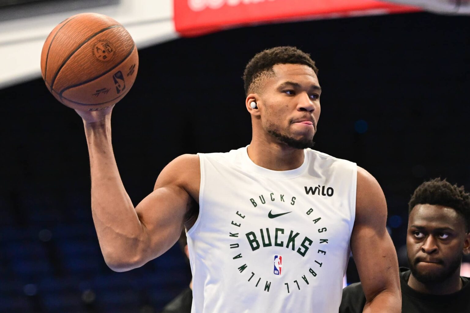 Bucks forward Giannis Antetokounmpo warms up before game against the Pacers at Fiserv Forum