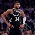 Bucks forward Giannis Antetokounmpo reacts during the first quarter against the at Madison Square Garden