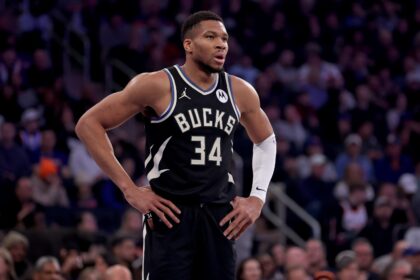 Bucks forward Giannis Antetokounmpo reacts during the first quarter against the at Madison Square Garden