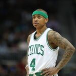 Celtics guard Isaiah Thomas reacts to a play during their game against the Hawks at Philips Arena