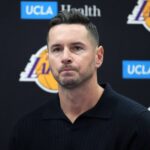 Lakers coach JJ Redick at press conference at UCLA Health Training Center