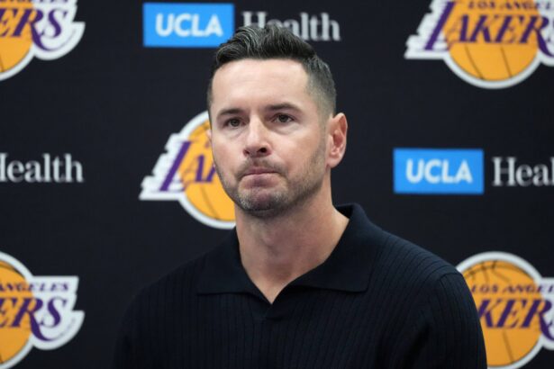 Lakers coach JJ Redick at press conference at UCLA Health Training Center