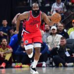 Clippers guard James Harden moves the ball down court against the Cavaliers during the second half at Intuit Dome