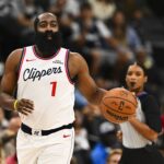 Clippers guard James Harden moves the ball against the Nuggets during the first quarter at Intuit Dome