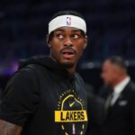 Lakers forward Jarred Vanderbilt warms up before the game against the Warriors at Chase Center