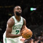Celtics guard Jaylen Brown shoots a free throw during the second half against the Magic at TD Garden