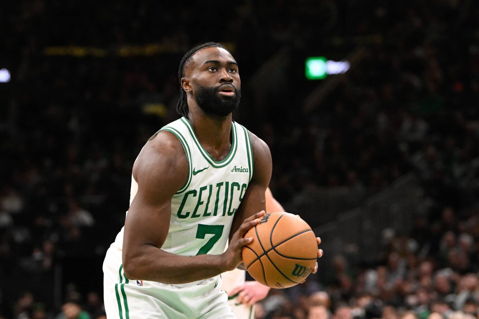 Celtics guard Jaylen Brown shoots a free throw during the second half against the Magic at TD Garden