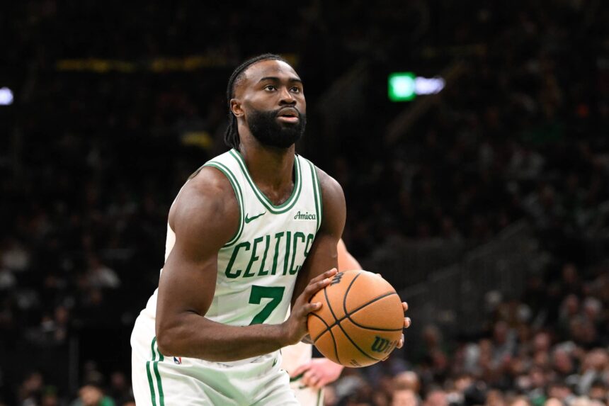 Celtics guard Jaylen Brown shoots a free throw during the second half against the Magic at TD Garden