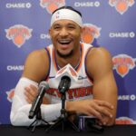 Knicks guard Josh Hart speaks to the media during a media day press conference at the Madison Square Garden training center