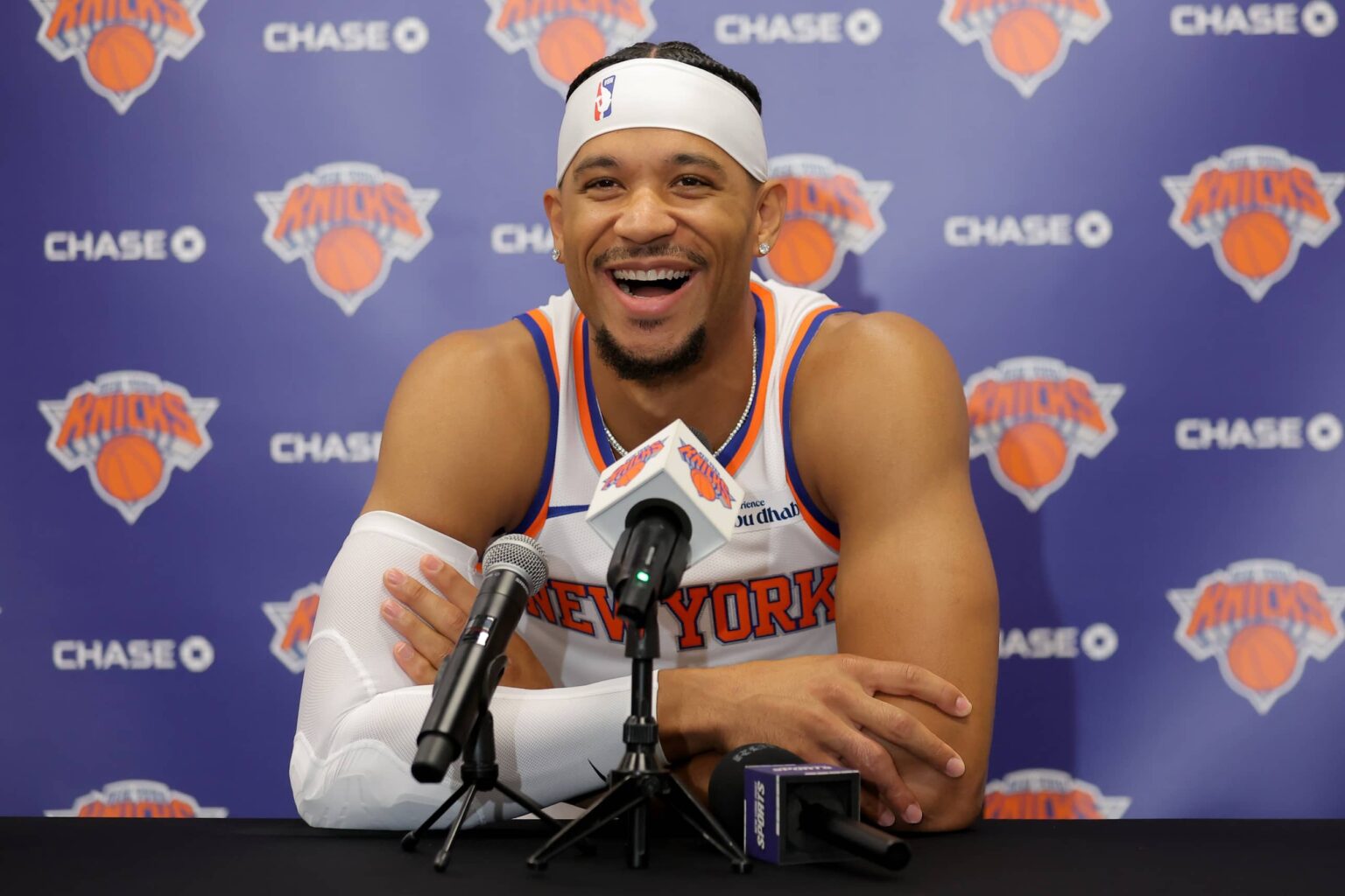 Knicks guard Josh Hart speaks to the media during a media day press conference at the Madison Square Garden training center