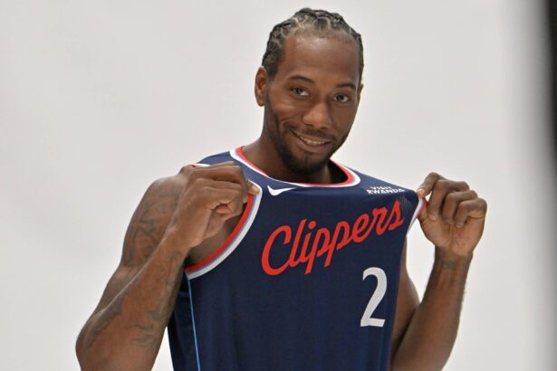 Clippers forward Kawhi Leonard poses during media day at Intuit Dome