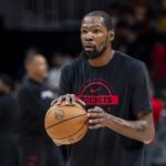 Rockets forward Kevin Durant warms up prior to the game against the Hawks at State Farm Arena
