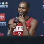 Rockets forward Kevin Durant talks to media during Houston Rockets media day at Toyota Center