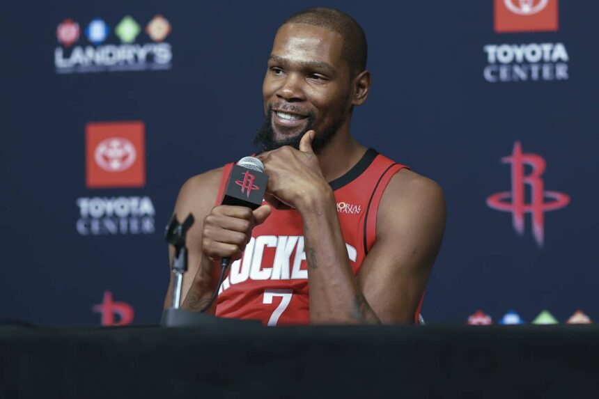Rockets forward Kevin Durant talks to media during Houston Rockets media day at Toyota Center