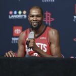 Rockets forward Kevin Durant talks to media during Houston Rockets media day at Toyota Center