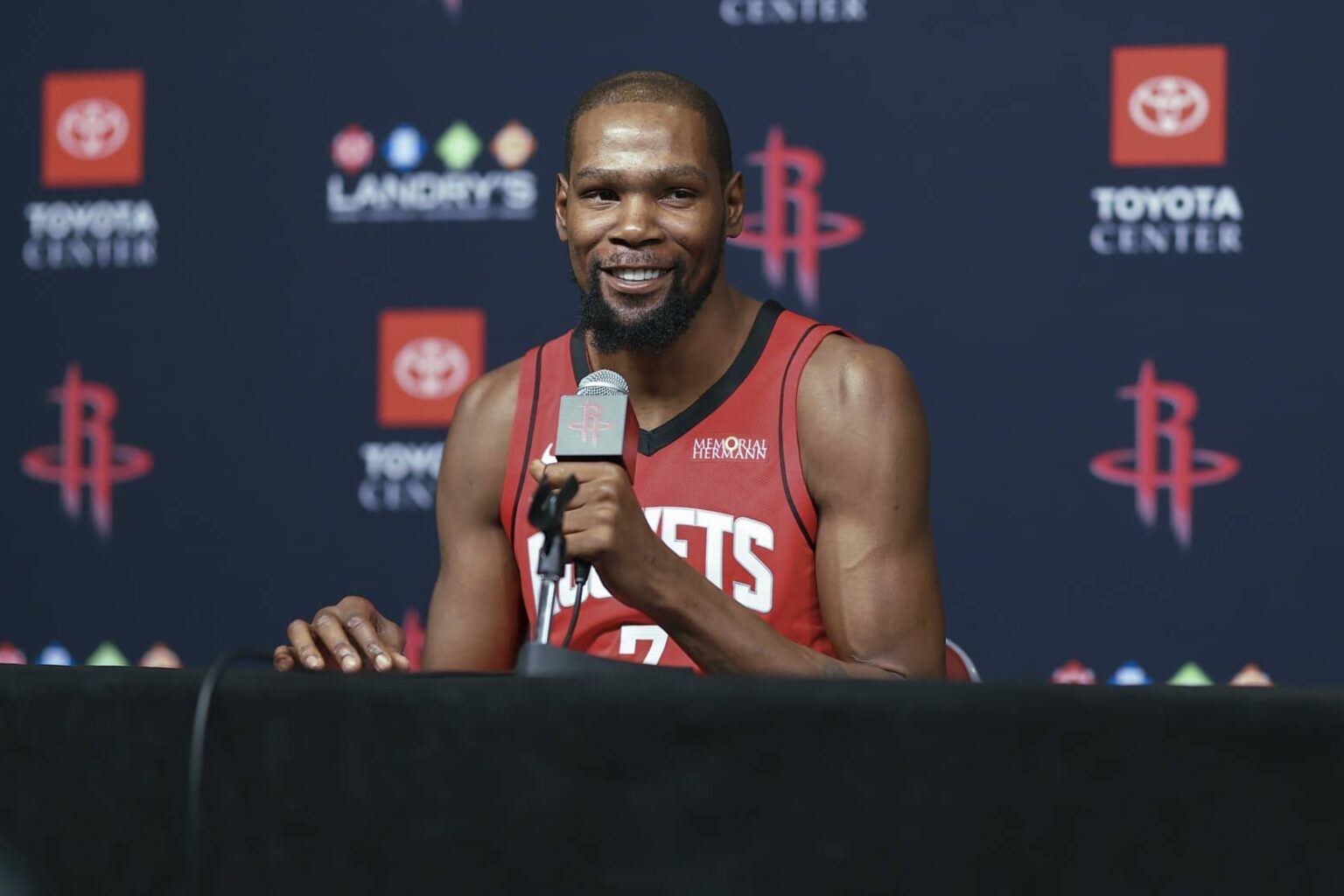 Rockets forward Kevin Durant talks to media during Houston Rockets media day at Toyota Center