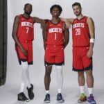 Rockets forward Kevin Durant and forward Amen Thompson and center Alperen Sengun during Houston Rockets media day at Toyota Center