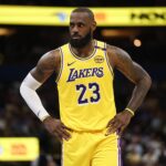 Lakers forward LeBron James looks on against the Magic in the second quarter at Kia Center