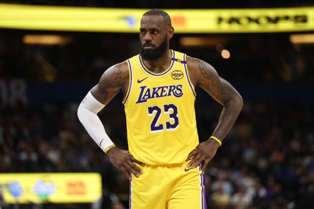 Lakers forward LeBron James looks on against the Magic in the second quarter at Kia Center