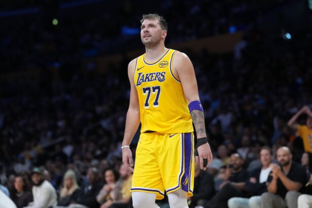 Lakers guard Luka Doncic reacts in the second half against the Timberwolves at Crypto.com Arena