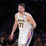 Lakers guard Luka Doncic reacts against the Suns in the second half at Crypto.com Arena