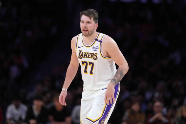 Lakers guard Luka Doncic reacts against the Suns in the second half at Crypto.com Arena