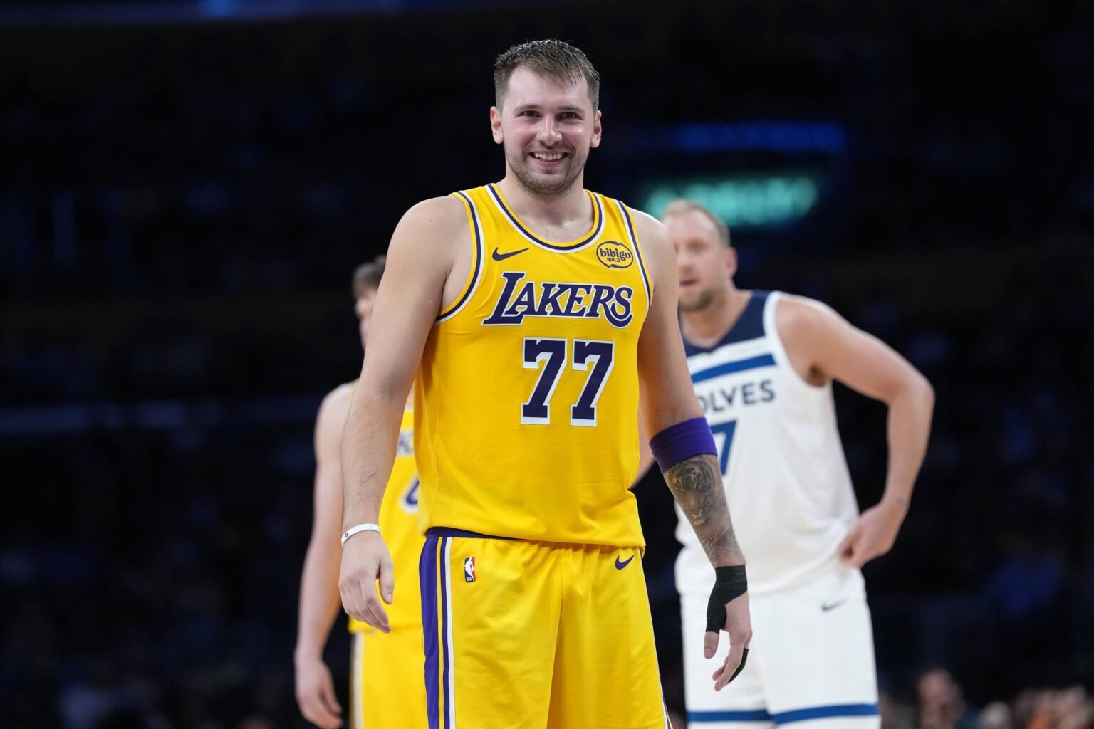 Lakers guard Luka Doncic reacts in the second half against the Timberwolves at Crypto.com Arena.
