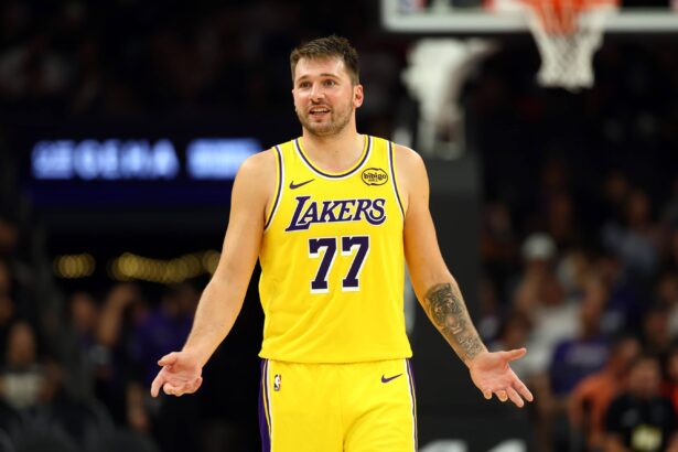 Lakers guard Luka Doncic against the Suns during an NBA preseason game at Mortgage Matchup Center