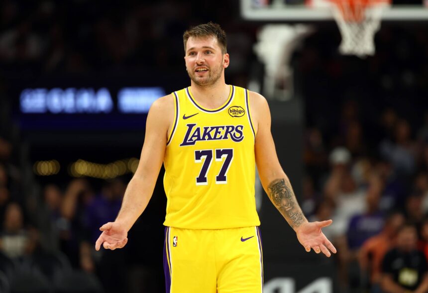 Lakers guard Luka Doncic against the Suns during an NBA preseason game at Mortgage Matchup Center