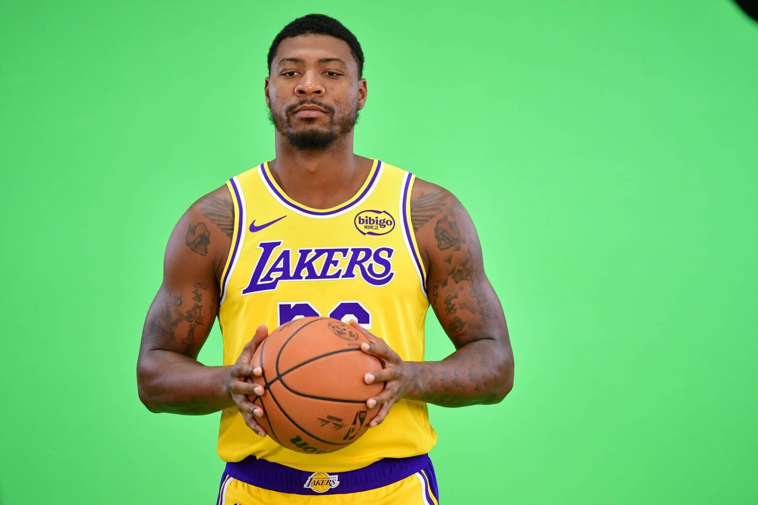 Lakers guard Marcus Smart poses for photos during media day at UCLA Health Training Center