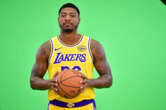 Lakers guard Marcus Smart poses for photos during media day at UCLA Health Training Center