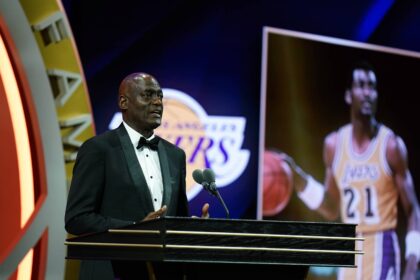 Class of 2024 inductee Michael Cooper speaks during the Naismith Memorial Basketball Hall of Fame Enshrinement at Symphony Hall Springfield.