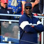 Michael Jordan watches the first hole on the penultimate day of competition for the Ryder Cup at Bethpage Black.