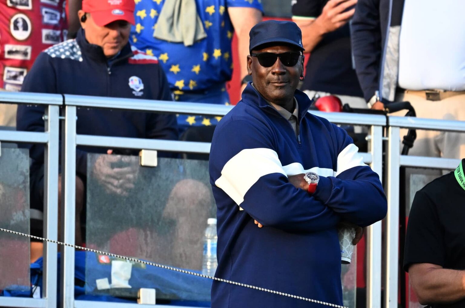 Michael Jordan watches the first hole on the penultimate day of competition for the Ryder Cup at Bethpage Black.