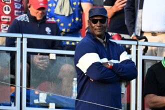 Michael Jordan watches the first hole on the penultimate day of competition for the Ryder Cup at Bethpage Black.