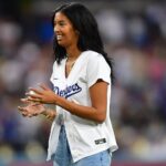 Natalia Bryant, daughter of former Los Angeles Lakers player Kobe Bryant reacts before throwing out the ceremonial first pitch at Dodger Stadium.
