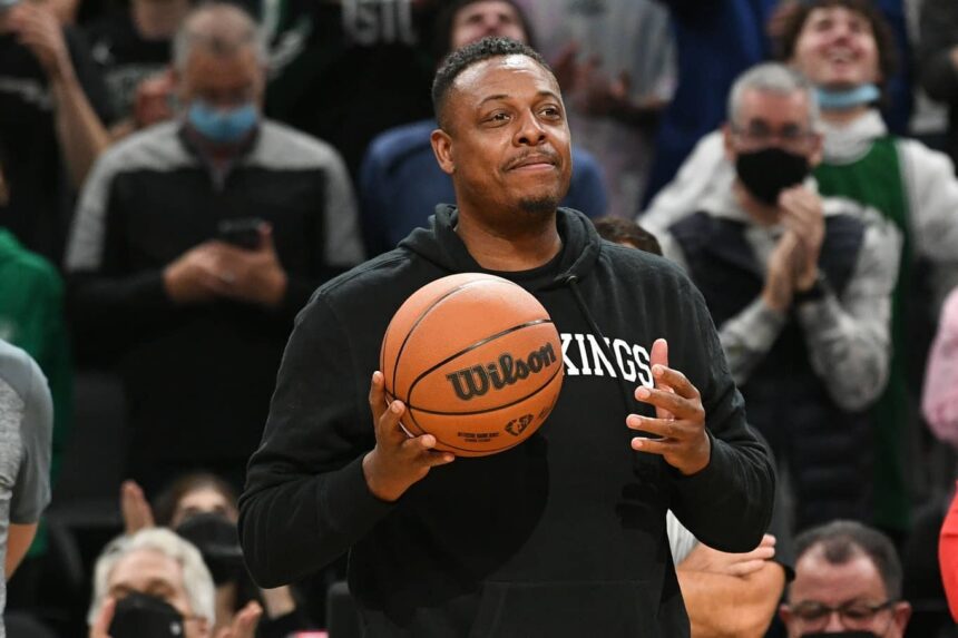 Paul Pierce carries the game ball before a game against the Raptors at the TD Garden