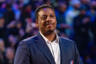 Paul Pierce is honored for being selected to the NBA 75th Anniversary Team during halftime in the 2022 NBA All-Star Game at Rocket Mortgage FieldHouse