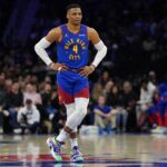 Nuggets guard Russell Westbrook looks on against the 76ers in the first quarter at Wells Fargo Center