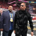 Sports personality Stephen A. Smith arrives before the CFP National Championship college football game between the Notre Dame Fighting Irish and the Ohio State Buckeyes at Mercedes-Benz Stadium.