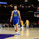 Warriors guard Stephen Curry on the court during the first half against the Lakers at Crypto.com Arena