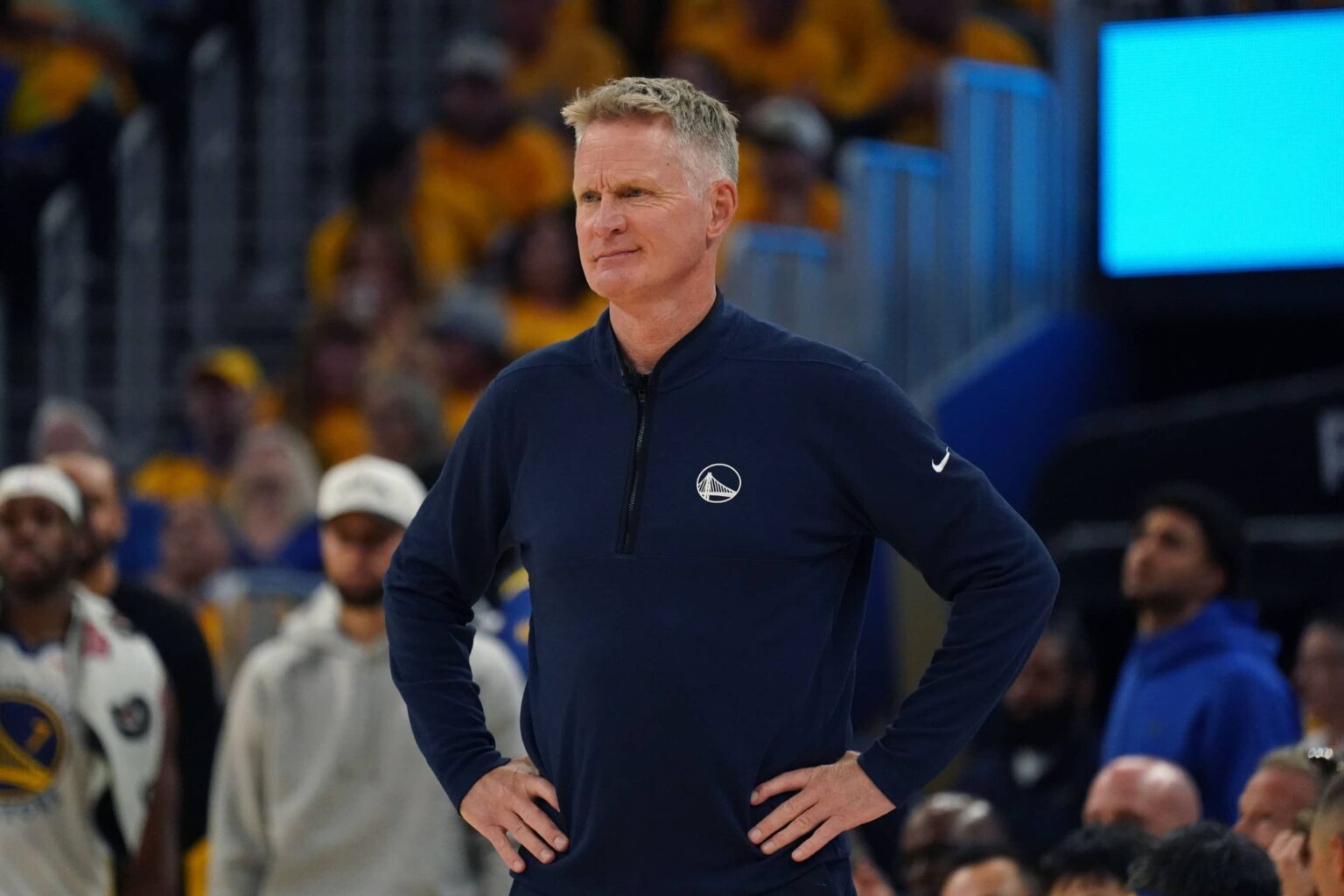 Warriors head coach Steve Kerr motions to the team in the second quarter during game three against the Timberwolves in the second round for the 2025 NBA Playoffs at Chase Center