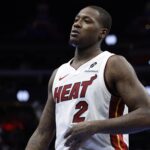 Heat guard Terry Rozier walks off the court after the game against the Pistons at Little Caesars Arena
