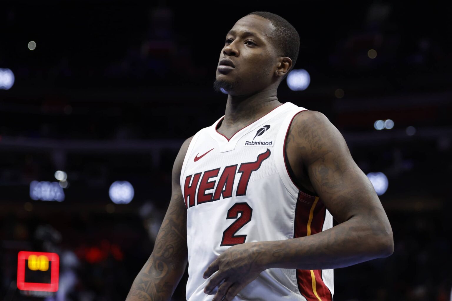 Heat guard Terry Rozier walks off the court after the game against the Pistons at Little Caesars Arena