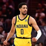Pacers guard Tyrese Haliburton celebrates during the second half against the Cavaliers in game five of the second round for the 2025 NBA Playoffs at Rocket Arena