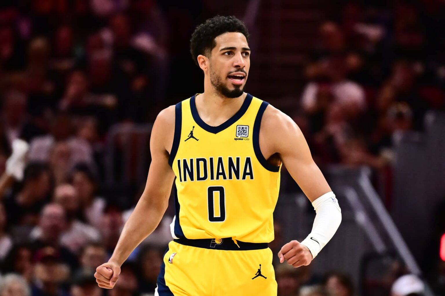 Pacers guard Tyrese Haliburton celebrates during the second half against the Cavaliers in game five of the second round for the 2025 NBA Playoffs at Rocket Arena. Mandatory Credit: Ken Blaze-Imagn Images